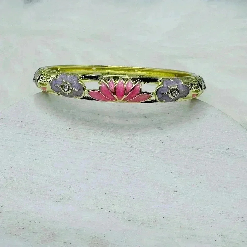 Purple & Pink Flower Enamel Cloisonne Bracelet Bangle